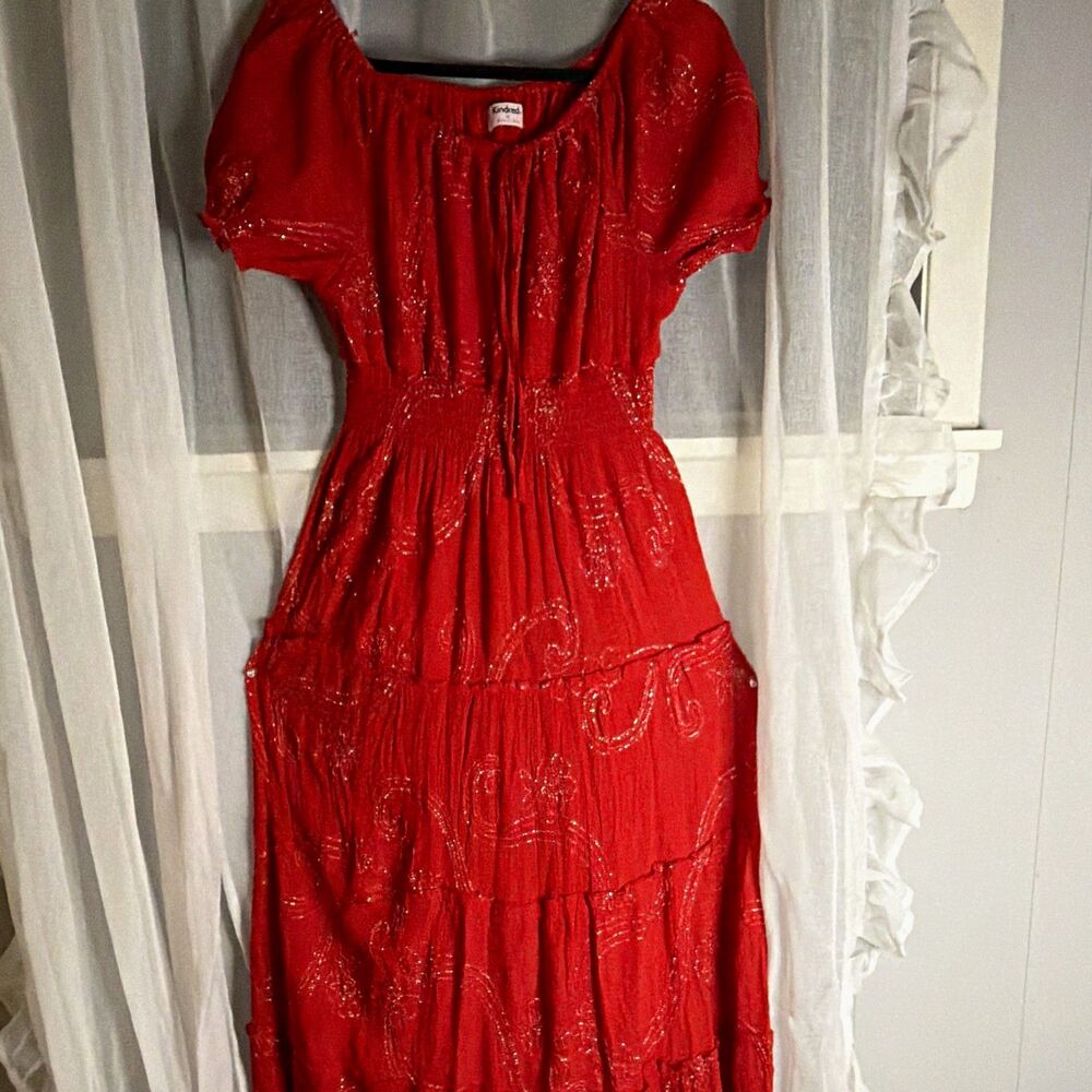 Kindred Women's Red Floral Maxi Dress Square Neck Smocked Tiered Size XL